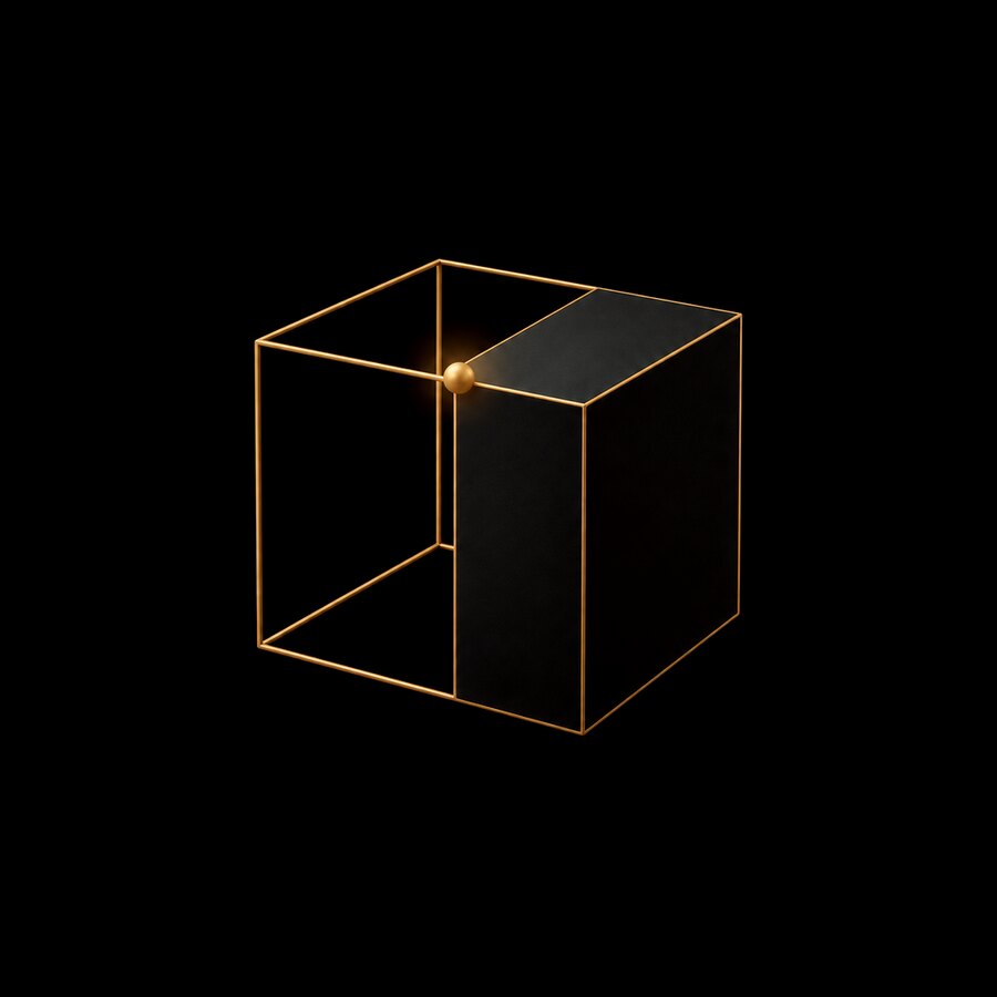 Un cubo per metà disegnato a filo e per metà solido.